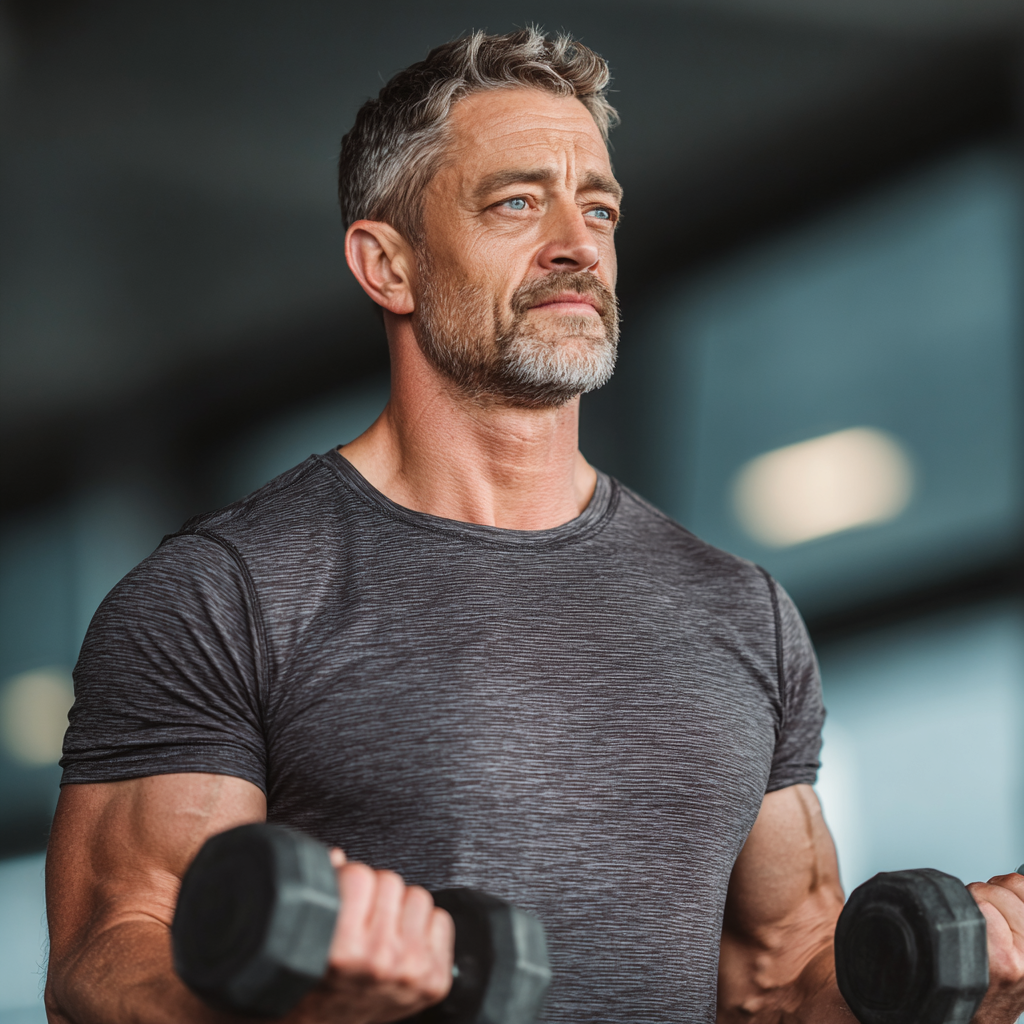 Middle-aged man in his late 40s performing dumbbell exercises in a modern gym, wearing athletic clothing, demonstrating proper form with focused expression